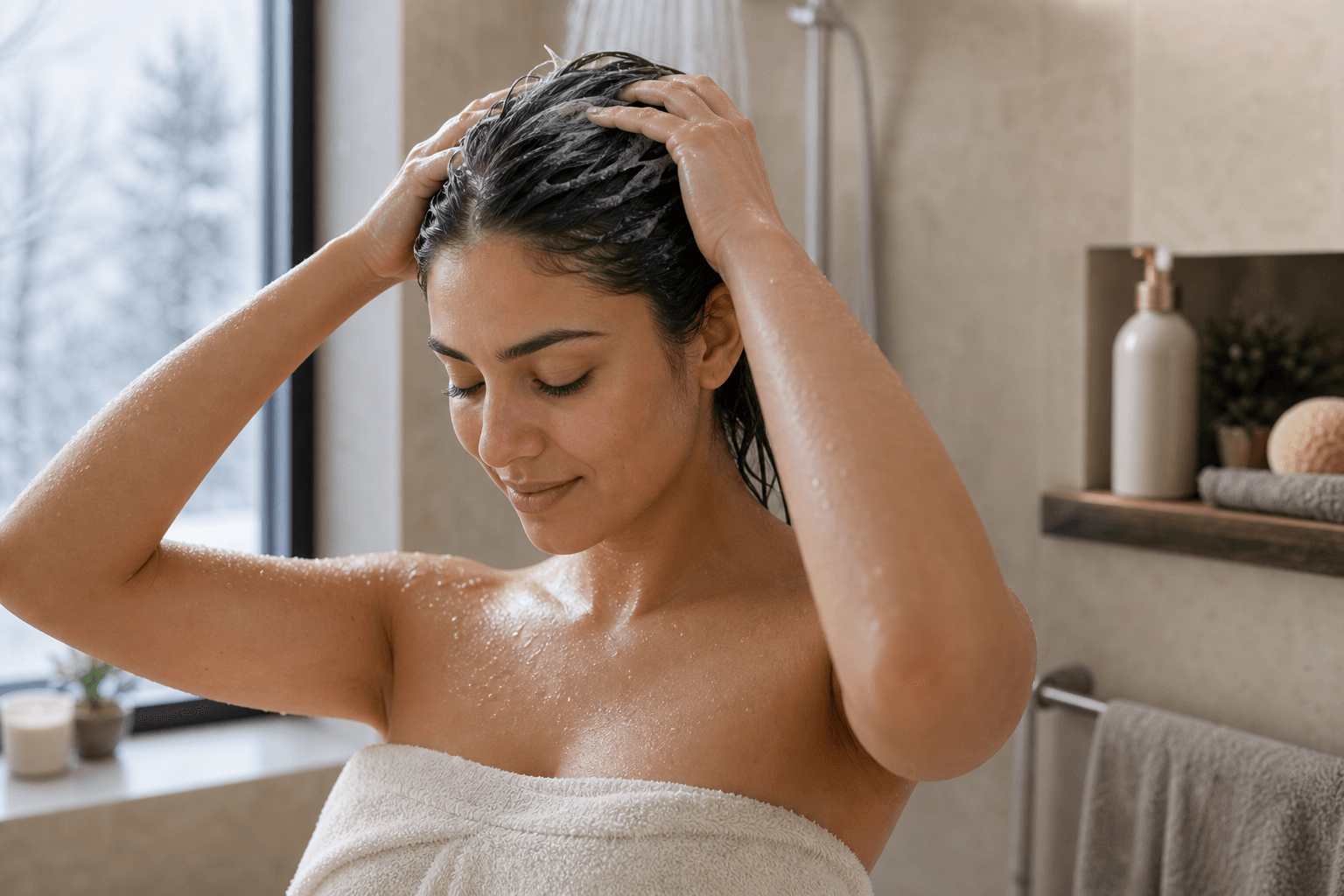 Vrouw wast haar haar onder de douche